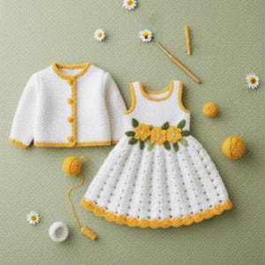 May include: A white crochet dress and matching cardigan with yellow trim and floral accents. The dress features a sleeveless design and a flared skirt. The cardigan has yellow buttons. The set is displayed with yarn balls and daisy accents.