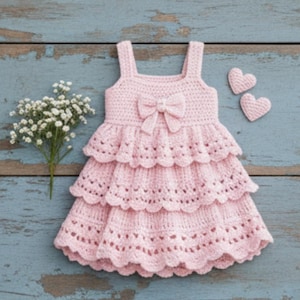 May include: A light pink crochet dress with a tiered skirt and a bow detail. The dress has a square neckline and shoulder straps. Two small crochet hearts are next to the dress. The dress is displayed on a blue wooden surface.