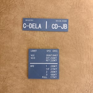 以下が含まれることがあります： 白文字で書かれた2つの青い長方形の航空情報プレート。上部のプレートには「REGISTRY C-DELA」と「SELCAL CODE CD-JB」と書かれています。下のプレートには、速度制限とノット単位の速度が記載されています。