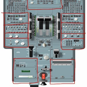 May include: A grey Airbus A320 cockpit pedestal training panel featuring dual throttle levers, radio communication units, navigation displays, and various control knobs. The panel includes red outlined sections, a parking brake lever, and text labels.