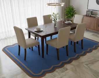 Blue Scalloped Area Rug, Modern Geometric Wool Rug, Handmade Designer Rug, Wavy Border Rug, Contemporary Living Room Rug