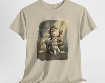 Monkey Hugging Teddy Bear T-Shirt | Vintage Nursery Illustration, Storybook Comfort