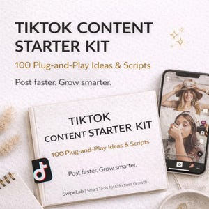 May include: A TikTok Content Starter Kit with the text "100 Plug-and-Play Ideas & Scripts" and the tagline "Post faster. Grow smarter." A smartphone displays a TikTok video. The kit includes a notebook with the TikTok logo.