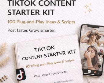 May include: A TikTok Content Starter Kit with the text "100 Plug-and-Play Ideas & Scripts" and the tagline "Post faster. Grow smarter." A smartphone displays a TikTok video. The kit includes a notebook with the TikTok logo.