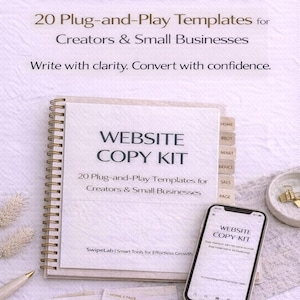 Puede incluir: Un kit de copia de sitio web con el título en la portada. El kit incluye 20 plantillas plug-and-play para creadores y pequeñas empresas. Un teléfono inteligente muestra el título del kit. El kit está en un cuaderno de espiral.