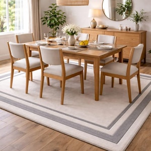 Modern minimalist border area rug soft neutral kitchen & living room