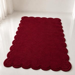 Burgundy Scalloped Area Rug, Handmade Floral Pattern Rug, Elegant Red Accent Rug, Custom Size Living Room Bedroom Entry way indoor carpet