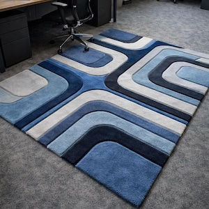 Modern Geometric Blue Area Rug | Soft Plush Office & Living Room Carpet | Abstract Pattern Floor Rug | Contemporary Home Decor