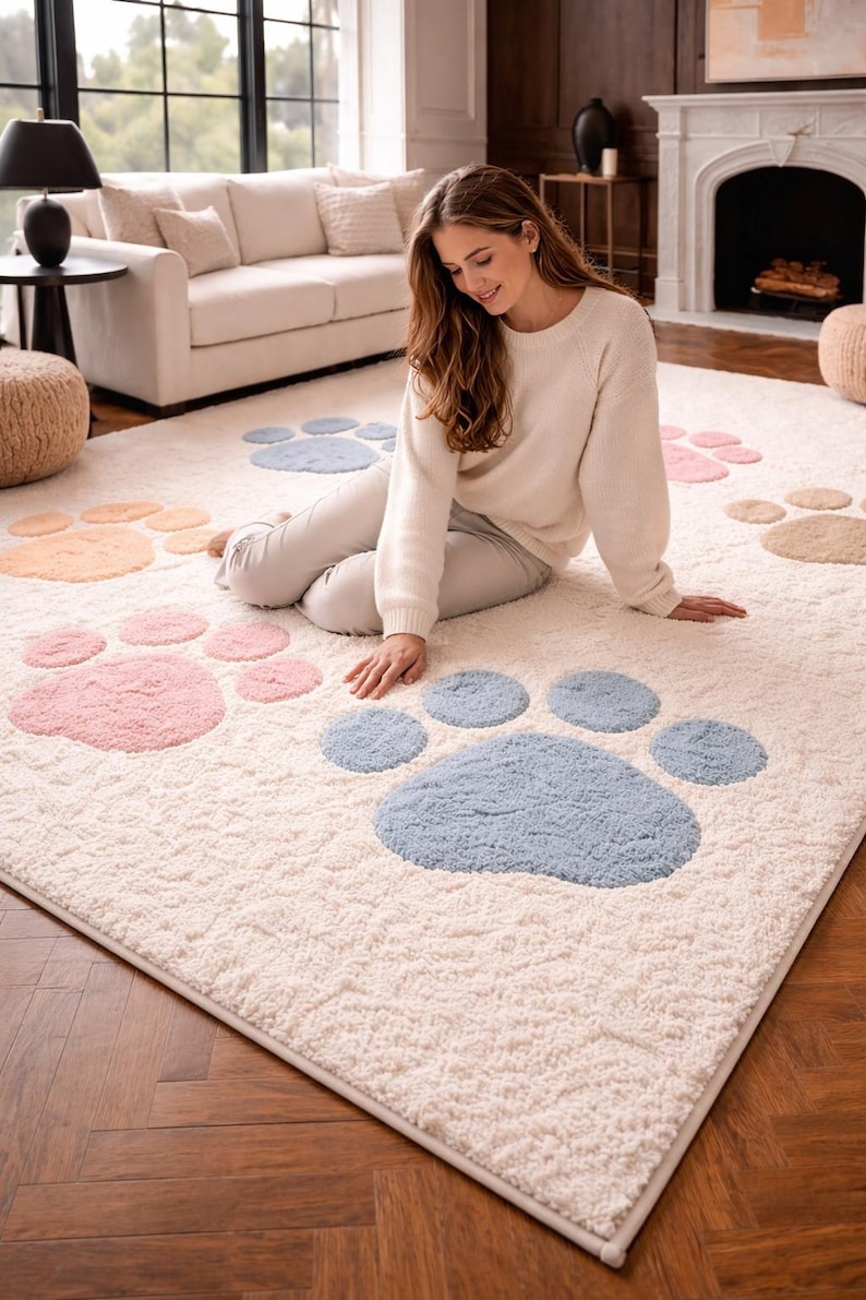 Soft Kids Paw Print Area Rug – Plush Multicolor Animal Footprint Carpet ...