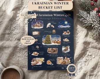 Ukrainische Winter Bucket List zum Ausdrucken | Zweisprachiger Weihnachtstraditions-Führer | Sviat Vechir Aktivität PDF | Ukraine Erbfamilie
