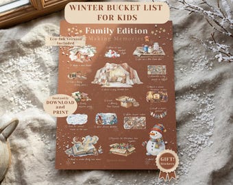 Familie Winter Bucket List zum Ausdrucken | Weihnachtsaktivitäten für Kinder | Feiertagstraditionen-Handbuch | Siebdruck Free Fun PDF