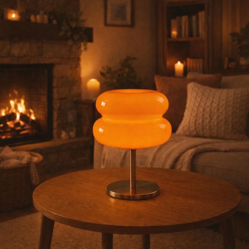 Lámpara de mesa de cristal Macaron: lámpara de noche LED retro, lámpara de mesa vintage naranja, decoración moderna de mediados de siglo.