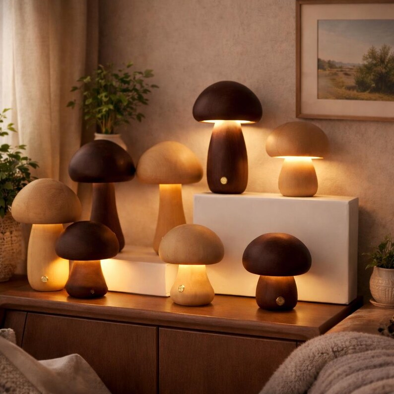 Lámpara LED de madera con forma de hongo: luz nocturna recargable, iluminación ambiental cálida, decoración acogedora para el dormitorio, idea de regalo