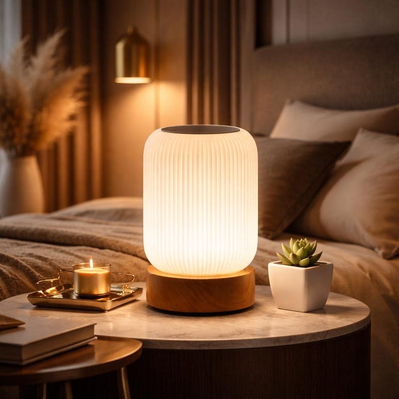 Lámpara de mesa LED táctil regulable: luz nocturna portátil, luz cálida y acogedora, moderna lámpara con base de madera para dormitorio y sala de estar.