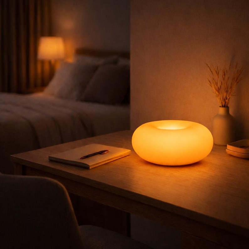 Lámpara de mesa LED Donut: lámpara de noche moderna, escultural y retro, con iluminación ambiental cálida y decoración contemporánea.