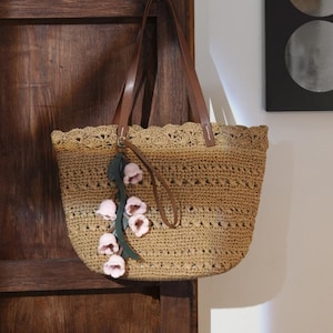 Handmade Raffia Tote Bag with Leather Lily of the Valley Charm Set, Crochet Beach Bag with Lining, Boho Purse Gift for Her