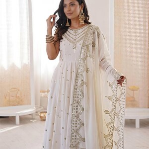 Premium White Anarkali Gown With Dupatta Set Flair gown Indian Wedding Dress Long Flared Dress Designer Long Gown Bridesmaid Dress image 4