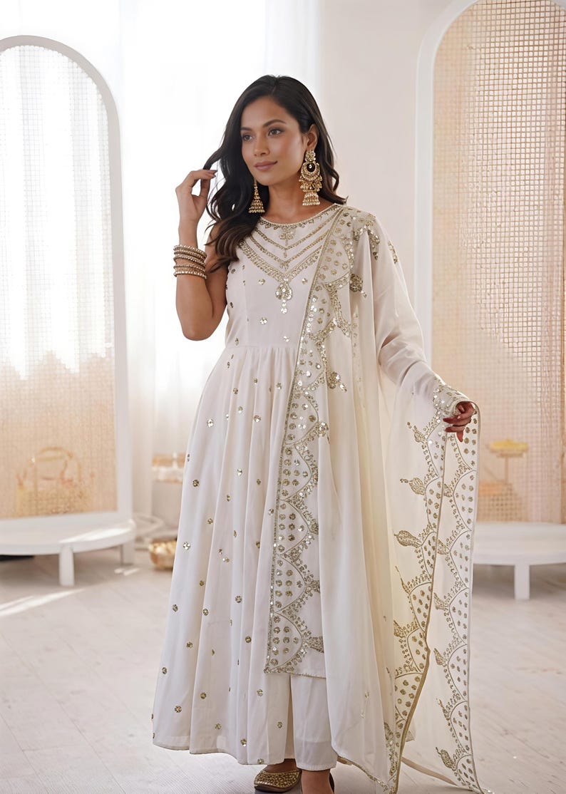 Premium White Anarkali Gown With Dupatta Set Flair gown Indian Wedding Dress Long Flared Dress Designer Long Gown Bridesmaid Dress image 4