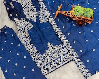 Traje Salwar Kameez premium totalmente bordado, traje pakistaní de seda Gmy, traje Palazzo pesado, conjunto Palazzo étnico de fiesta, confeccionado en 3 piezas