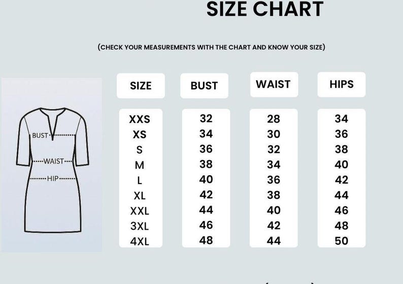 Pu&ograve; includere: Tabella delle taglie con misure di busto, vita e fianchi in centimetri. Le taglie vanno da XXS a 4XL. La tabella include un diagramma di un vestito con linee di busto, vita e fianchi. Il testo in alto recita "TABELLA DELLE TAGLIE".