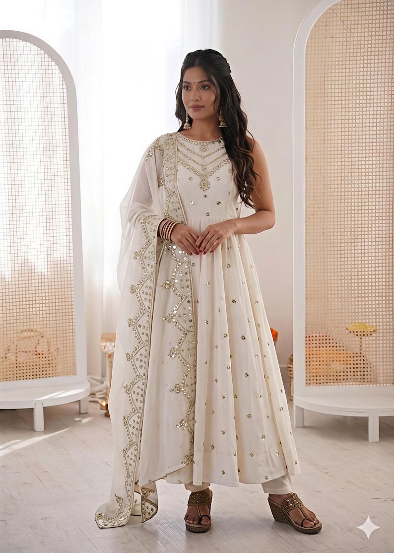 Premium White Anarkali Gown With Dupatta Set Flair gown Indian Wedding Dress Long Flared Dress Designer Long Gown Bridesmaid Dress image 2
