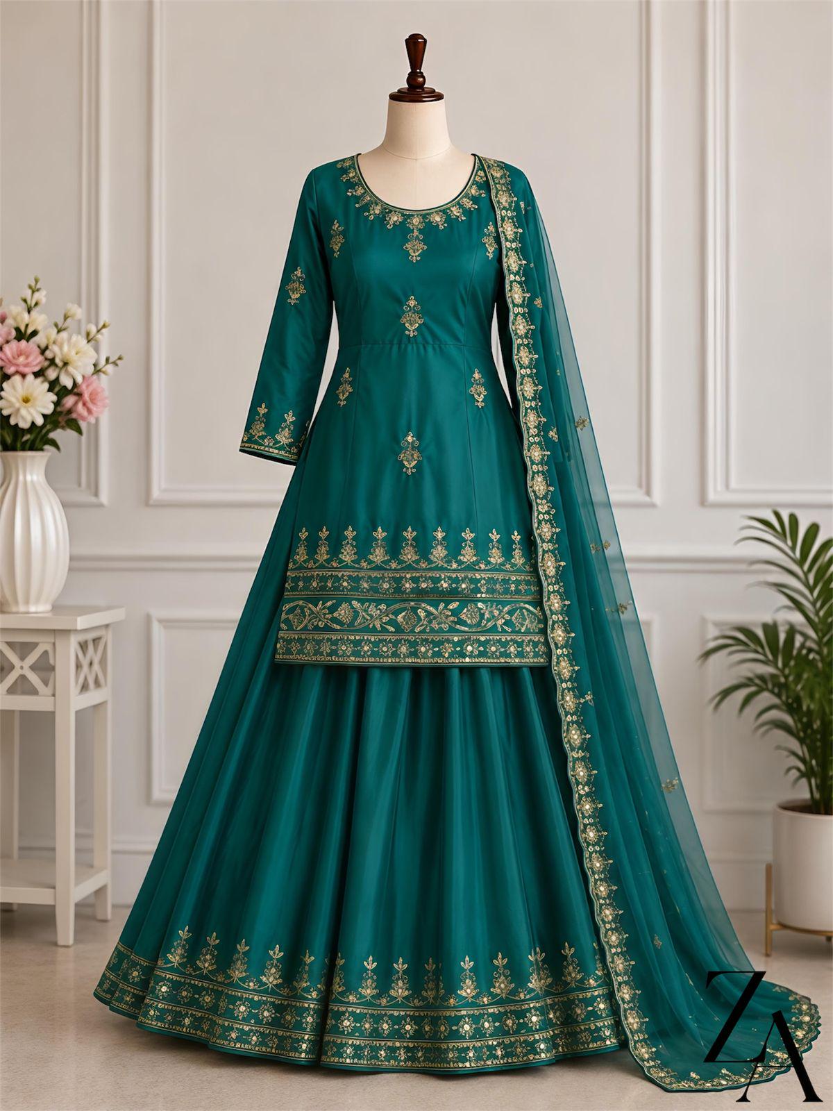slim fit dress slacks Bandhani dress materials teal green and red with bandhani prints &  gotapatti lace work neck pattern and bottom & chiffon dupatta
