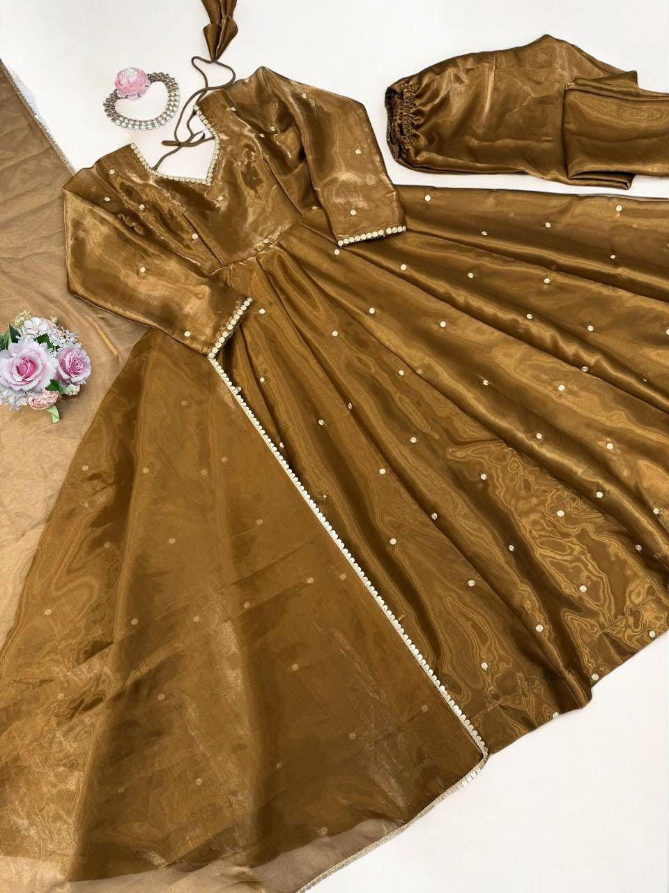 womens gold midi dress Buy Purple Georegtte Anarkali Suit Set in UK main image 1