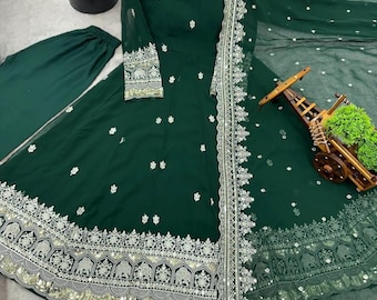 Stylish Designer Dark Green Embroidered with Sequence Work Women Gown With Dupatta, Anarkali Gown,Women gown, Georgette Embroidery Suit