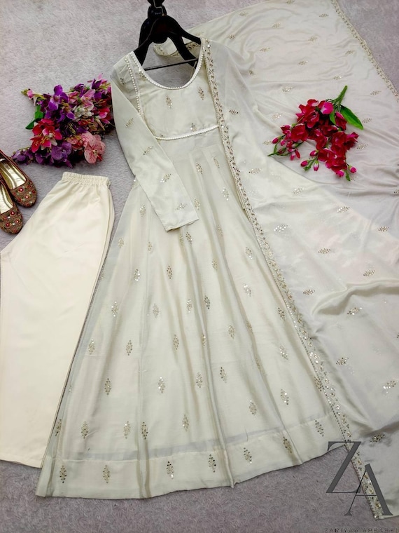 Premium White Anarkali Gown With Dupatta Set  Flair gown Indian Wedding Dress Long Flared Dress Designer Long Gown  Bridesmaid Dress