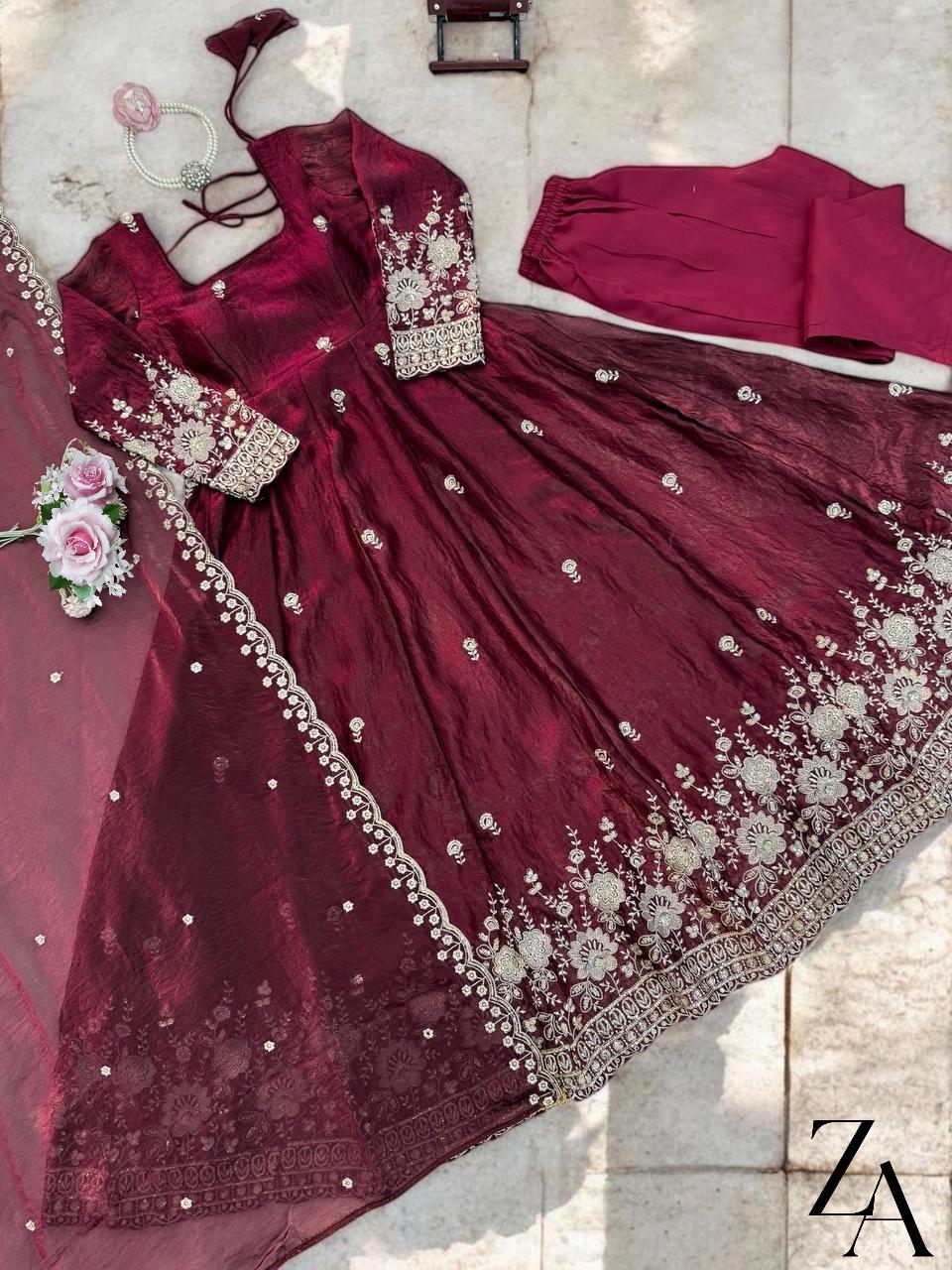 burgundy homecoming dress tight Designer Gown Georgette Burgundy Plain Gown – Kajols main image 1