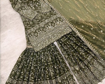 Top da festa in seta firmato Sharara e Dupatta, salwar kameez pakistano, abito palazzo Sharara con pesanti ricami di paillettes, abito etnico da festa