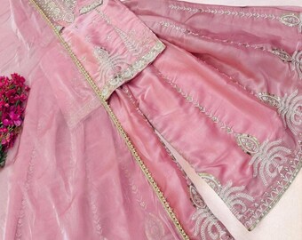 Designer Pink Kurta Sharara Salwar Kameez Handmade Embroidered Designer Suit For Women,Traditional wear outfit, Suit for Women,Pink Sharara