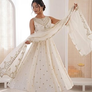 Premium White Anarkali Gown With Dupatta Set Flair gown Indian Wedding Dress Long Flared Dress Designer Long Gown Bridesmaid Dress image 3