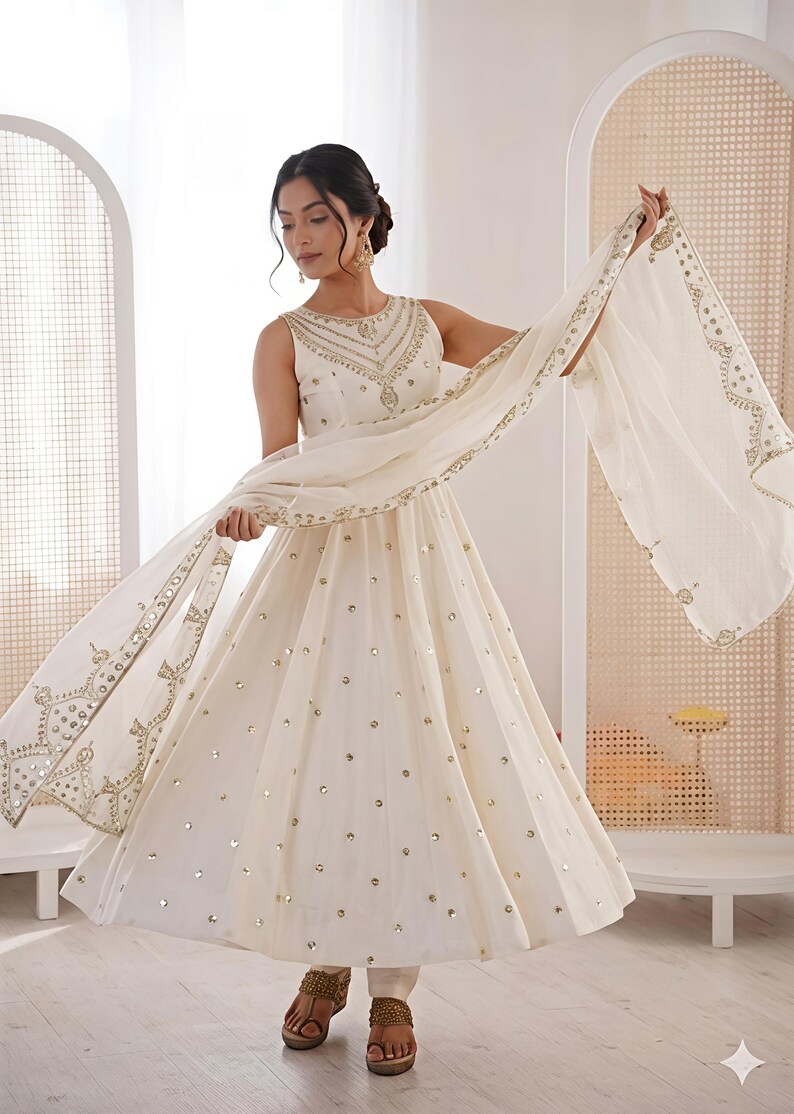 Premium White Anarkali Gown With Dupatta Set Flair gown Indian Wedding Dress Long Flared Dress Designer Long Gown Bridesmaid Dress image 3