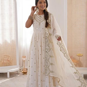 Premium White Anarkali Gown With Dupatta Set Flair gown Indian Wedding Dress Long Flared Dress Designer Long Gown Bridesmaid Dress image 6