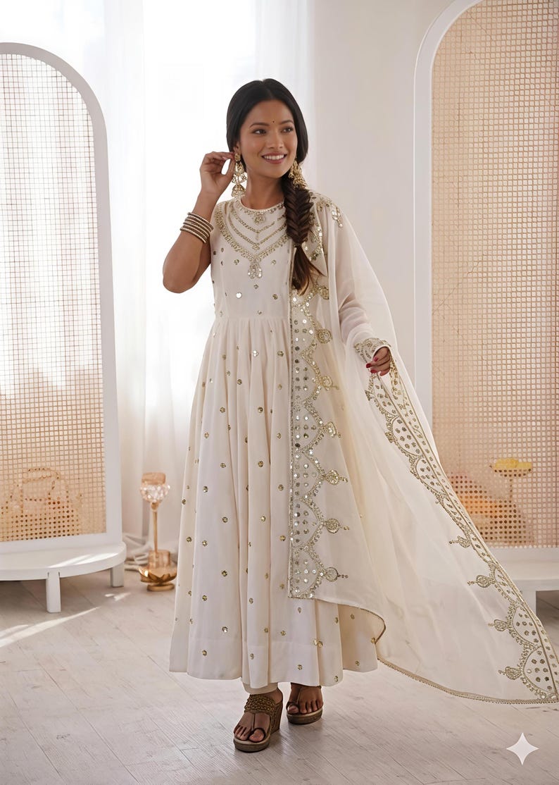Premium White Anarkali Gown With Dupatta Set Flair gown Indian Wedding Dress Long Flared Dress Designer Long Gown Bridesmaid Dress image 6
