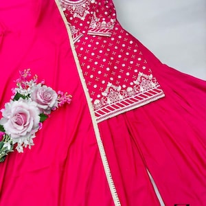 Traje palazzo rosa de diseñador pakistaní para mujer con bordado de lentejuelas, traje de fiesta, conjunto de sharara de 3 piezas, conjunto rosa, listo para usar.