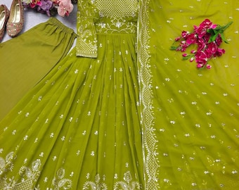 Conjunto de vestido de festa paquistanês de designer, 3 peças, dupatta, vestido pronto para usar, vestido longo evasê, vestido bordado com lantejoulas, pronto para vestir