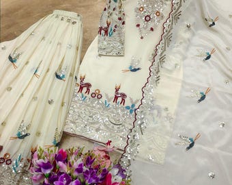 Pakistani Designer White Party Wear Salwar Kameez with Dupatta for Women, Indian Ethnic Suit, Pakistani Suits,Sharara Suit 3pc set
