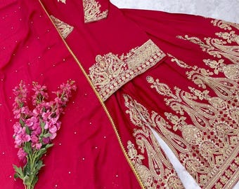Premium Designer Red Embroidered with Sequence Work Salwar Kameez With Dupatta, Red Sharara,Indian Ethnic Party Wea dress, Punjabi Suit