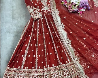 Designer Anarkali gown with pant dupatta set, Heavy partywear Gown, Ethnic wear dress, wedding wear gown, Readymade Embroidered dress 3pc