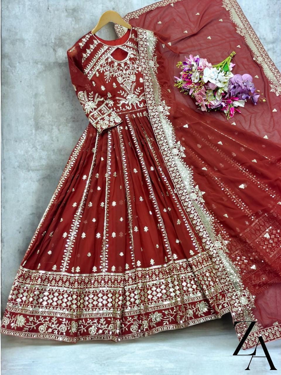 heavy flared anarkali dress Navy Orange 2 PC Pure Chinnon Designer Festive Anarkali Set For Women –  Label Madhuri Thakkar main image 0