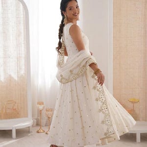 Premium White Anarkali Gown With Dupatta Set Flair gown Indian Wedding Dress Long Flared Dress Designer Long Gown Bridesmaid Dress image 5