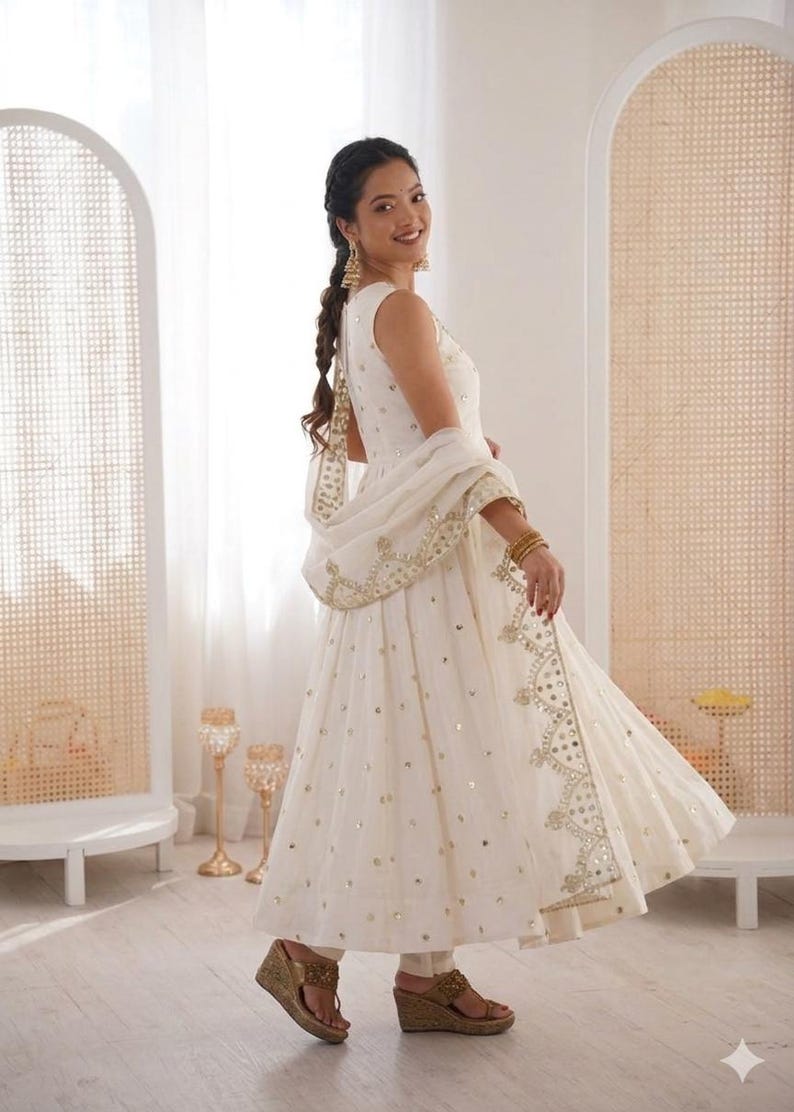 Premium White Anarkali Gown With Dupatta Set Flair gown Indian Wedding Dress Long Flared Dress Designer Long Gown Bridesmaid Dress image 5