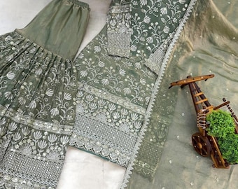 Salwar Kameez en soie douce de créateur vert clair avec dupatta pour femme, costumes Sharara, haut-palazzo, costumes pakistanais, costume ethnique indien 3 pièces