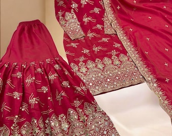 Rani Pink Pakistani sharara suit set, Ethnic wear salwar kameez, Festive and Eid outfit, Readymade Dress, Embroidered Suit set 3pc
