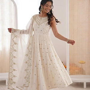 Premium White Anarkali Gown With Dupatta Set Flair gown Indian Wedding Dress Long Flared Dress Designer Long Gown Bridesmaid Dress image 1