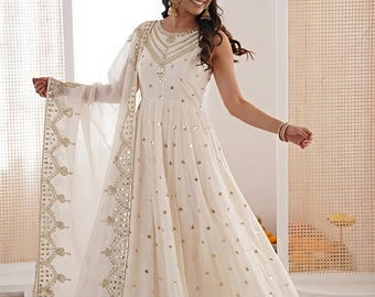 Premium White Anarkali Gown With Dupatta Set  Flair gown Indian Wedding Dress Long Flared Dress Designer Long Gown  Bridesmaid Dress