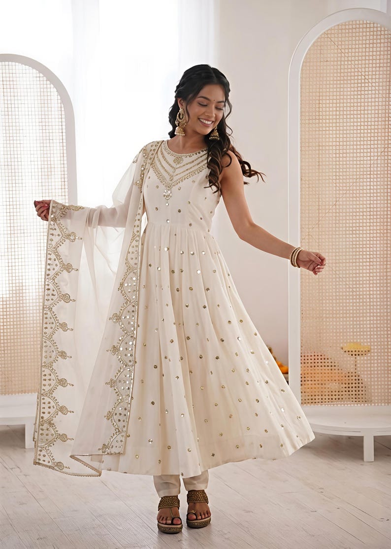 Premium White Anarkali Gown With Dupatta Set Flair gown Indian Wedding Dress Long Flared Dress Designer Long Gown Bridesmaid Dress image 1