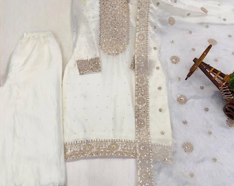 White palazzo suit set for womens, Heavy embroidered top bottom, Pakistani salwar kameez, Partywear Readymade dress, Wedding wear dress